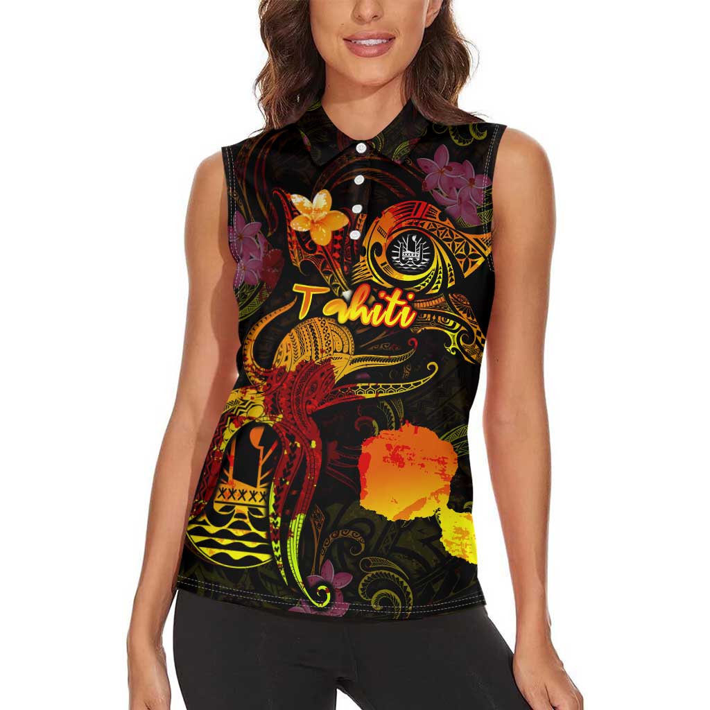 Tahiti French Polynesia Women Sleeveless Polo Shirt Octopus Plumeria Polynesian Tattoo DT02 - Polynesian Pride