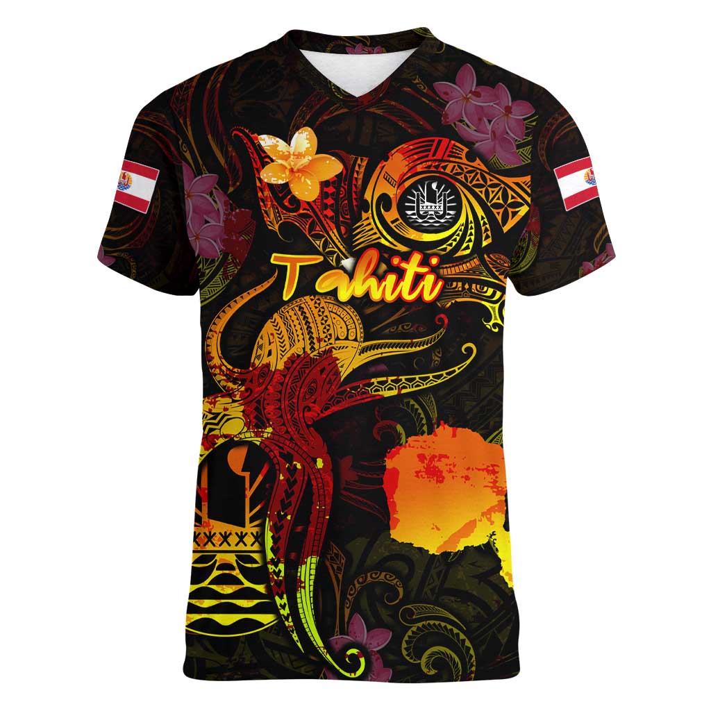Tahiti French Polynesia Women V-Neck T-Shirt Octopus Plumeria Polynesian Tattoo DT02 Female Black - Polynesian Pride