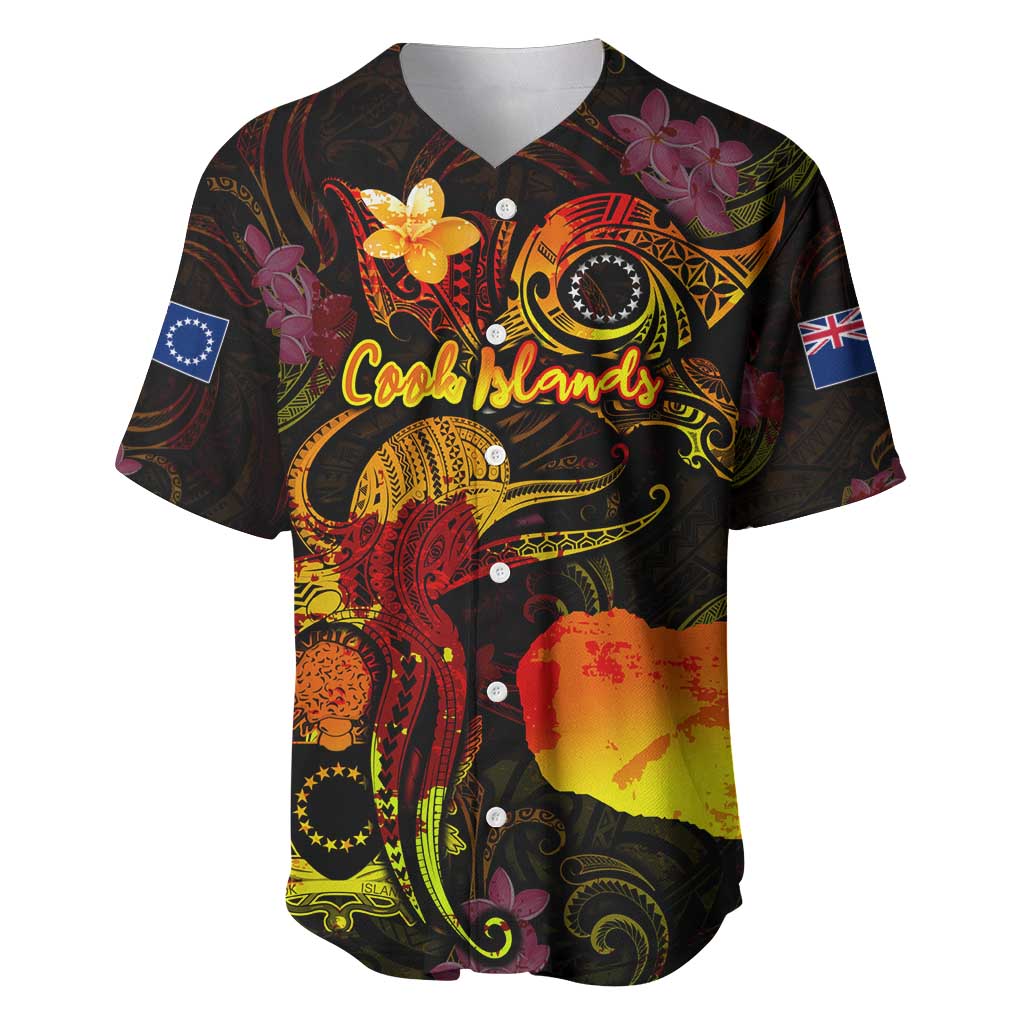 Cook Islands Baseball Jersey Octopus Plumeria Polynesian Tattoo DT02 Black - Polynesian Pride