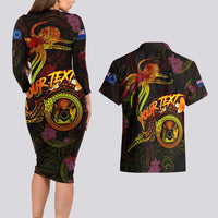 Cook Islands Couples Matching Long Sleeve Bodycon Dress and Hawaiian Shirt Octopus Plumeria Polynesian Tattoo DT02 - Polynesian Pride
