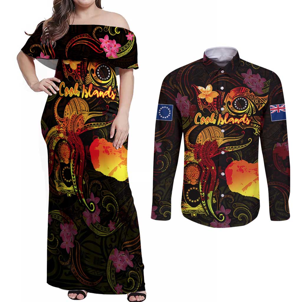 Cook Islands Couples Matching Off Shoulder Maxi Dress and Long Sleeve Button Shirt Octopus Plumeria Polynesian Tattoo DT02 Black - Polynesian Pride