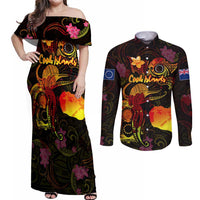 Cook Islands Couples Matching Off Shoulder Maxi Dress and Long Sleeve Button Shirt Octopus Plumeria Polynesian Tattoo DT02 Black - Polynesian Pride
