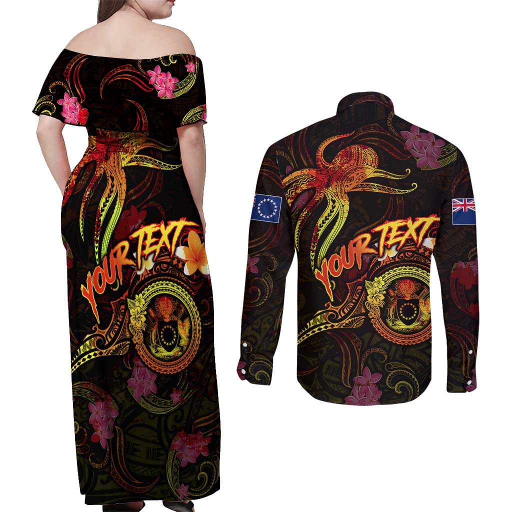 Cook Islands Couples Matching Off Shoulder Maxi Dress and Long Sleeve Button Shirt Octopus Plumeria Polynesian Tattoo DT02 - Polynesian Pride