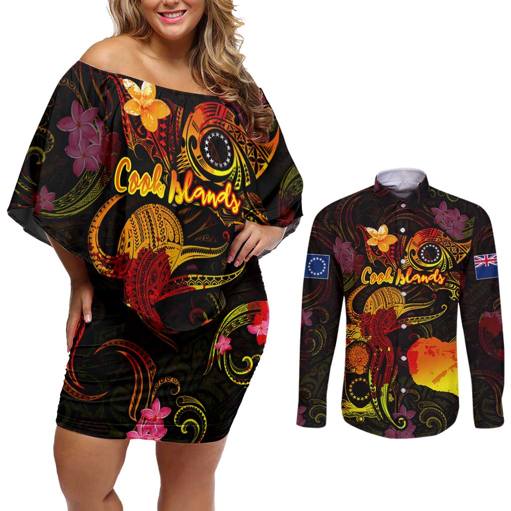 Cook Islands Couples Matching Off Shoulder Short Dress and Long Sleeve Button Shirt Octopus Plumeria Polynesian Tattoo DT02 Black - Polynesian Pride