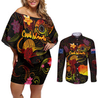Cook Islands Couples Matching Off Shoulder Short Dress and Long Sleeve Button Shirt Octopus Plumeria Polynesian Tattoo DT02 Black - Polynesian Pride