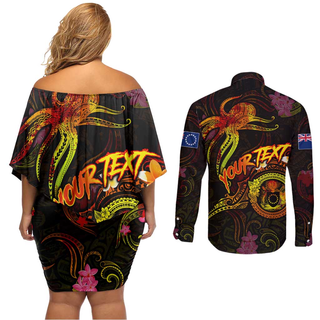 Cook Islands Couples Matching Off Shoulder Short Dress and Long Sleeve Button Shirt Octopus Plumeria Polynesian Tattoo DT02 - Polynesian Pride