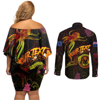 Cook Islands Couples Matching Off Shoulder Short Dress and Long Sleeve Button Shirt Octopus Plumeria Polynesian Tattoo DT02 - Polynesian Pride