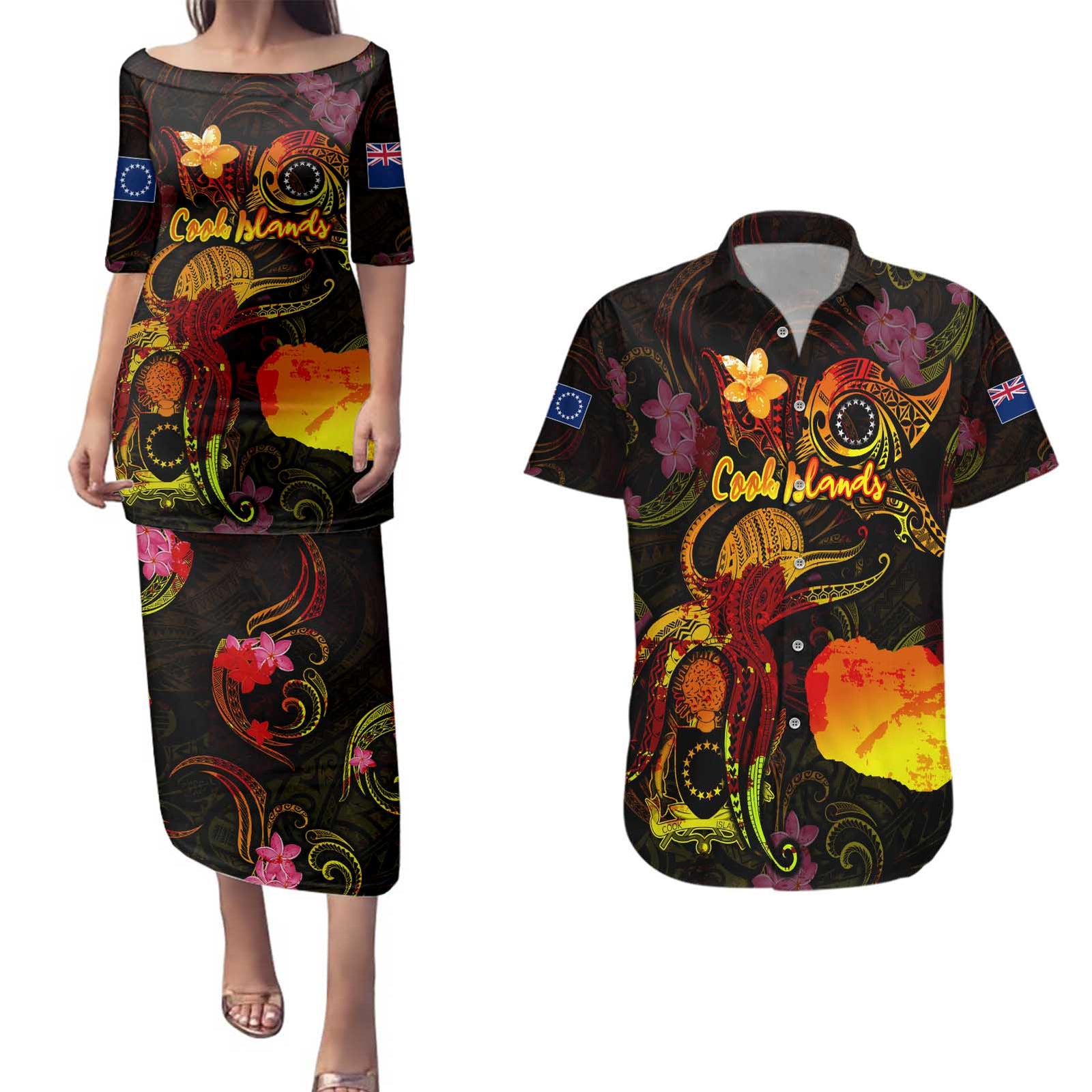 Cook Islands Couples Matching Puletasi and Hawaiian Shirt Octopus Plumeria Polynesian Tattoo DT02 Black - Polynesian Pride