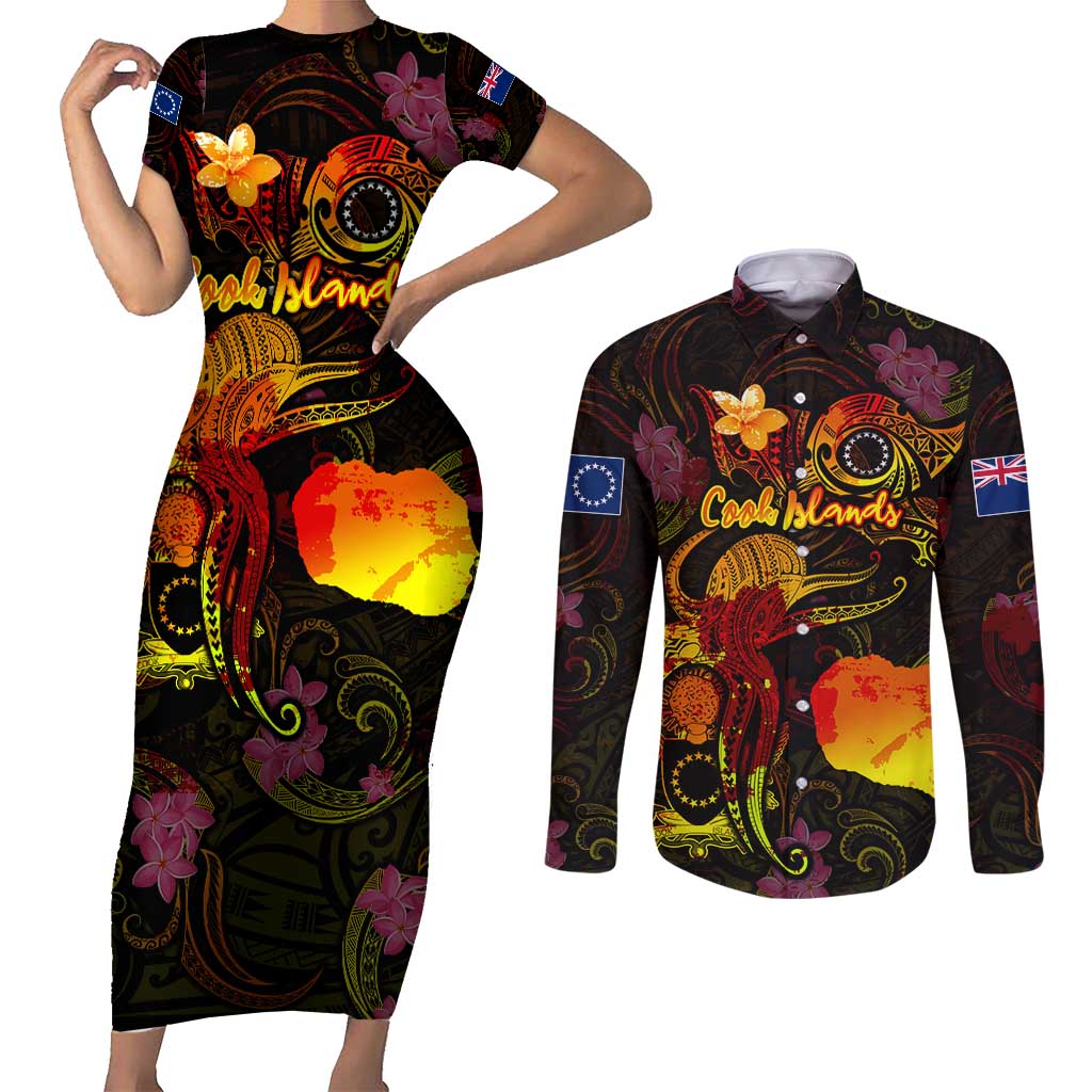 Cook Islands Couples Matching Short Sleeve Bodycon Dress and Long Sleeve Button Shirt Octopus Plumeria Polynesian Tattoo DT02 Black - Polynesian Pride