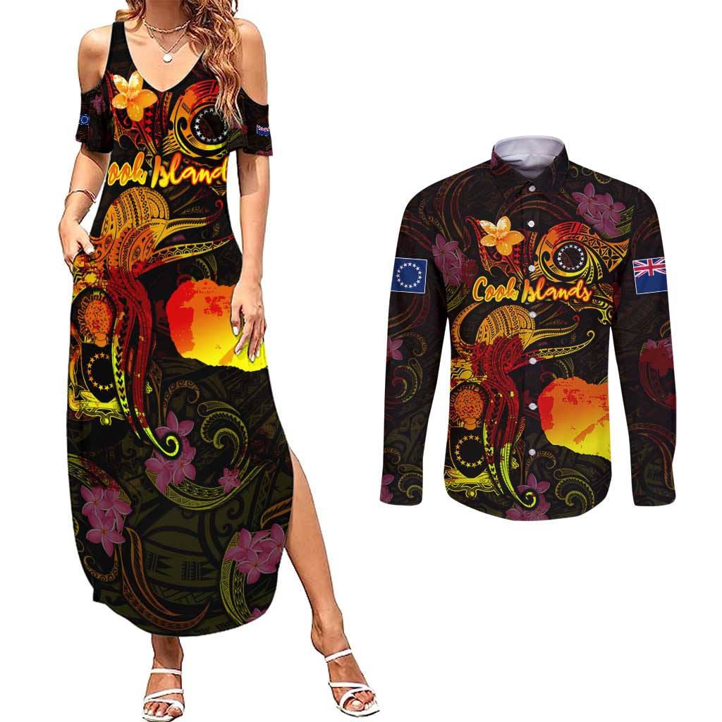 Cook Islands Couples Matching Summer Maxi Dress and Long Sleeve Button Shirt Octopus Plumeria Polynesian Tattoo DT02 Black - Polynesian Pride