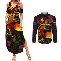 Cook Islands Couples Matching Summer Maxi Dress and Long Sleeve Button Shirt Octopus Plumeria Polynesian Tattoo DT02 Black - Polynesian Pride