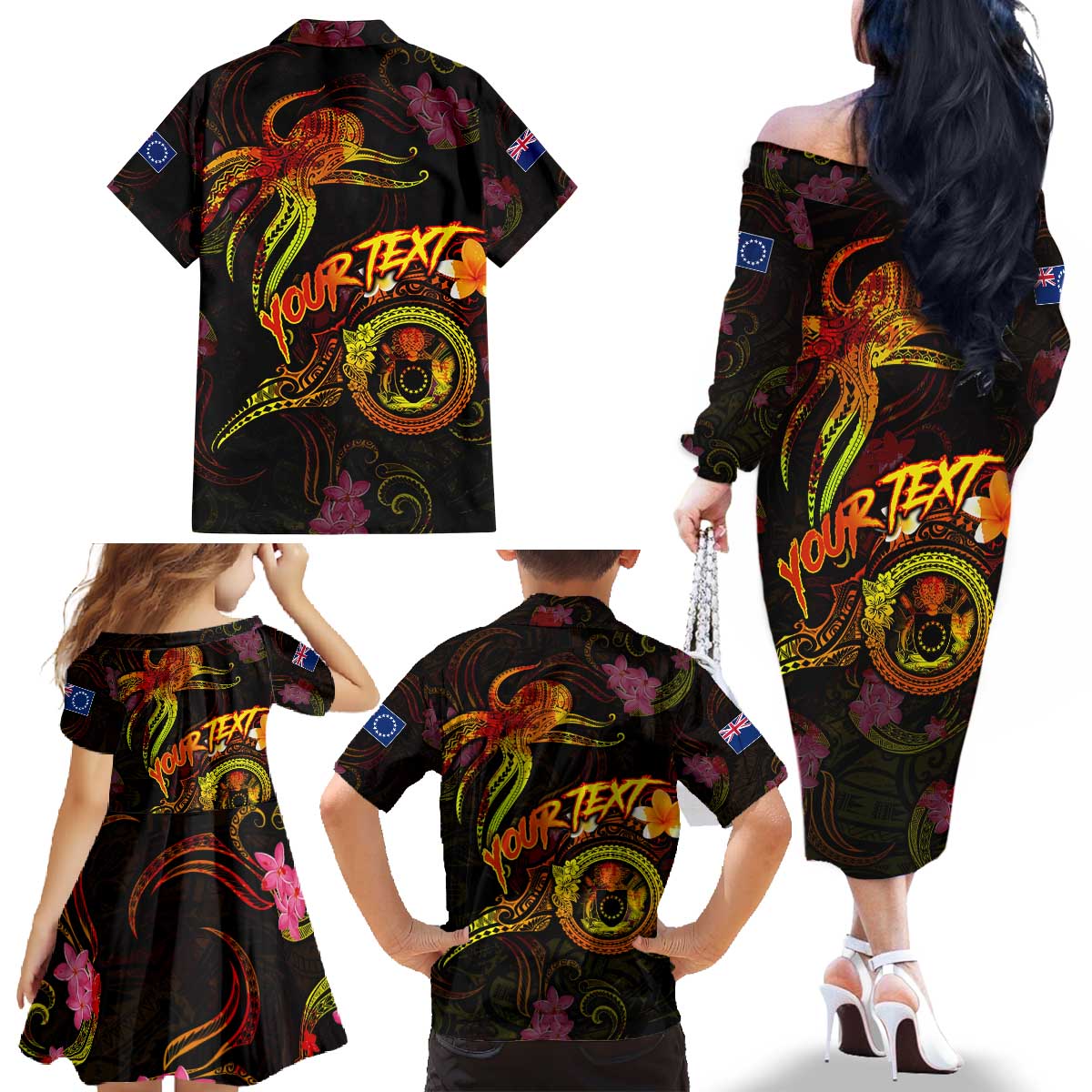 Cook Islands Family Matching Off The Shoulder Long Sleeve Dress and Hawaiian Shirt Octopus Plumeria Polynesian Tattoo