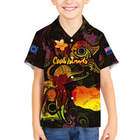 Cook Islands Family Matching Off Shoulder Short Dress and Hawaiian Shirt Octopus Plumeria Polynesian Tattoo