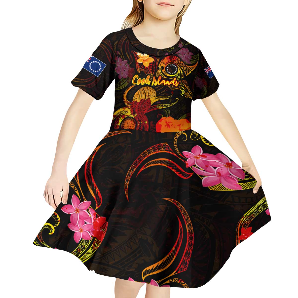 Cook Islands Kid Short Sleeve Dress Octopus Plumeria Polynesian Tattoo