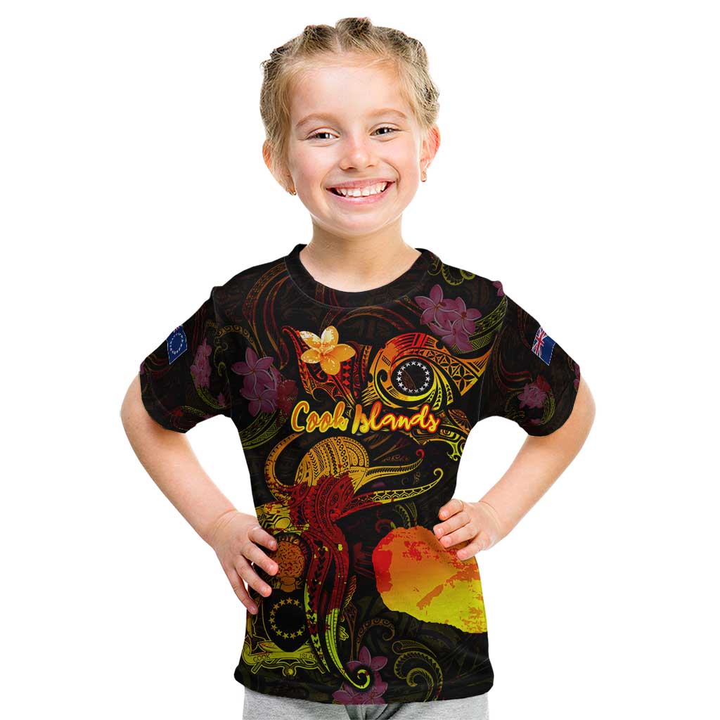 Cook Islands Kid T Shirt Octopus Plumeria Polynesian Tattoo DT02 Black - Polynesian Pride