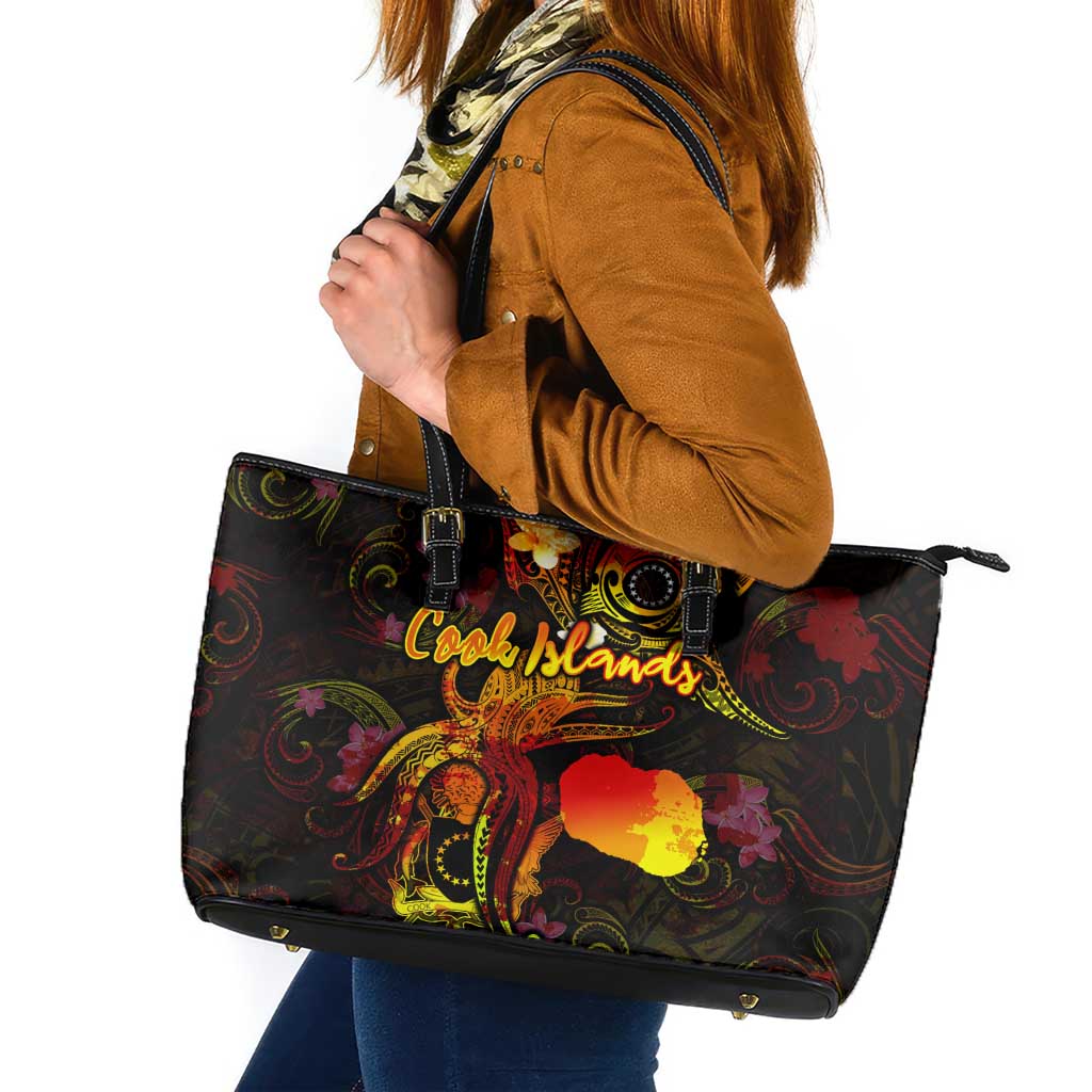 Cook Islands Leather Tote Bag Octopus Plumeria Polynesian Tattoo DT02 Black - Polynesian Pride