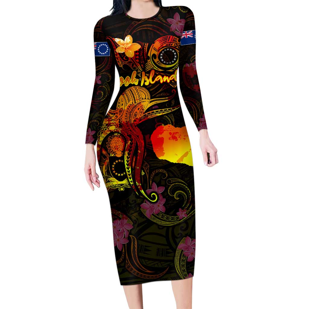 Cook Islands Long Sleeve Bodycon Dress Octopus Plumeria Polynesian Tattoo