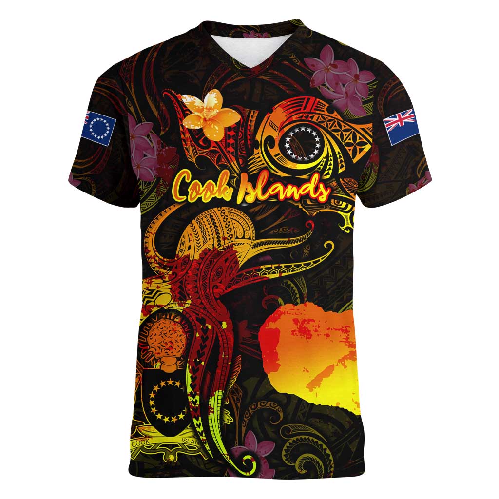 Cook Islands Women V-Neck T-Shirt Octopus Plumeria Polynesian Tattoo DT02 Female Black - Polynesian Pride