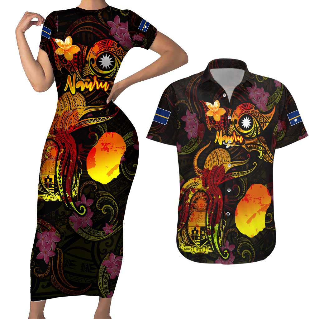 Nauru Couples Matching Short Sleeve Bodycon Dress and Hawaiian Shirt Octopus Plumeria Polynesian Tattoo