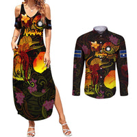 Nauru Couples Matching Summer Maxi Dress and Long Sleeve Button Shirt Octopus Plumeria Polynesian Tattoo