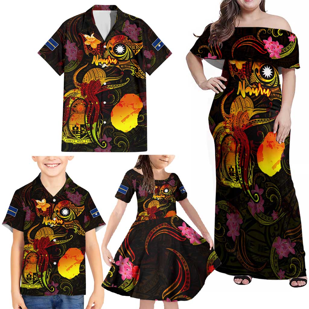 Nauru Family Matching Off Shoulder Maxi Dress and Hawaiian Shirt Octopus Plumeria Polynesian Tattoo