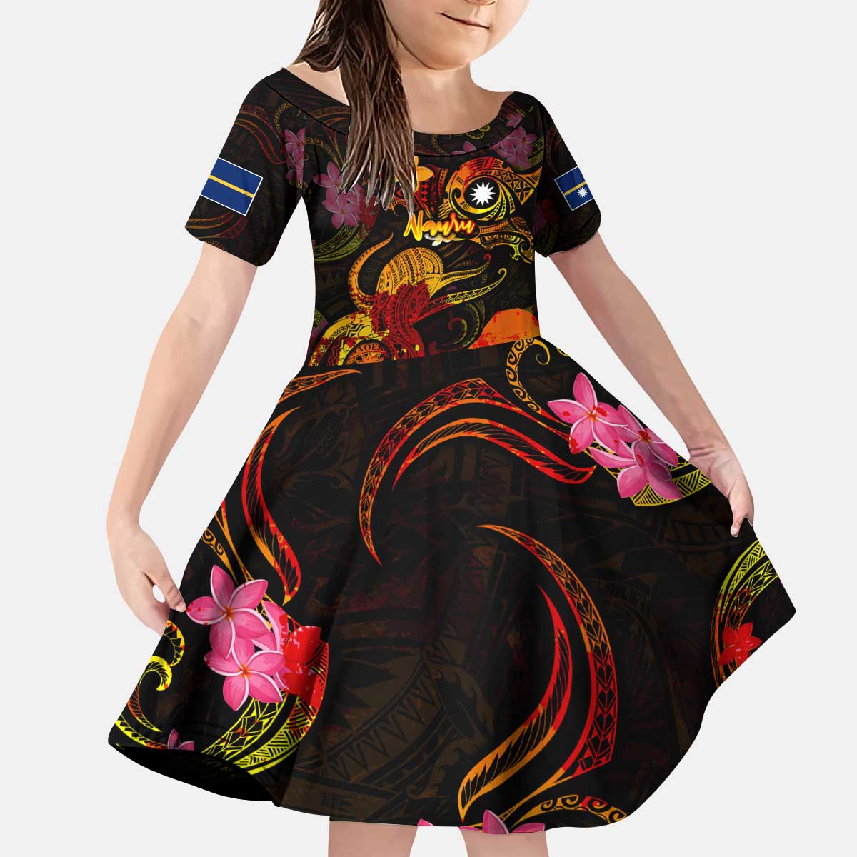Nauru Kid Short Sleeve Dress Octopus Plumeria Polynesian Tattoo