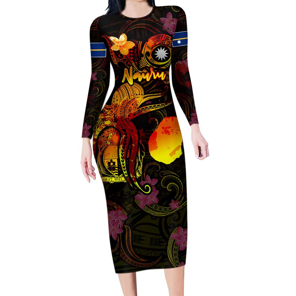 Nauru Long Sleeve Bodycon Dress Octopus Plumeria Polynesian Tattoo