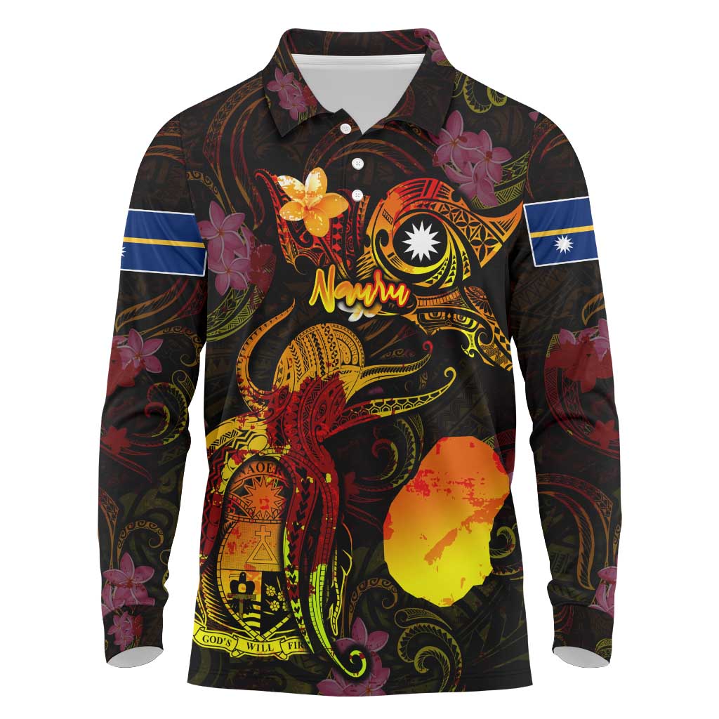 Nauru Long Sleeve Polo Shirt Octopus Plumeria Polynesian Tattoo