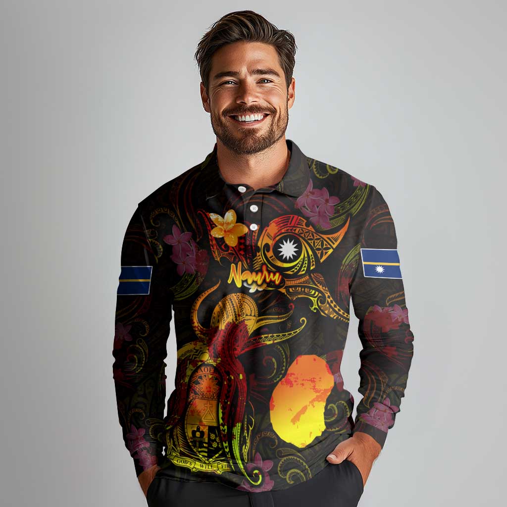 Nauru Long Sleeve Polo Shirt Octopus Plumeria Polynesian Tattoo