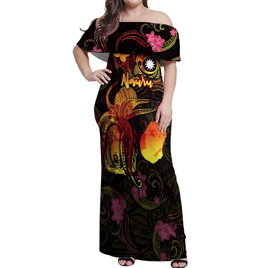 Nauru Off Shoulder Maxi Dress Octopus Plumeria Polynesian Tattoo