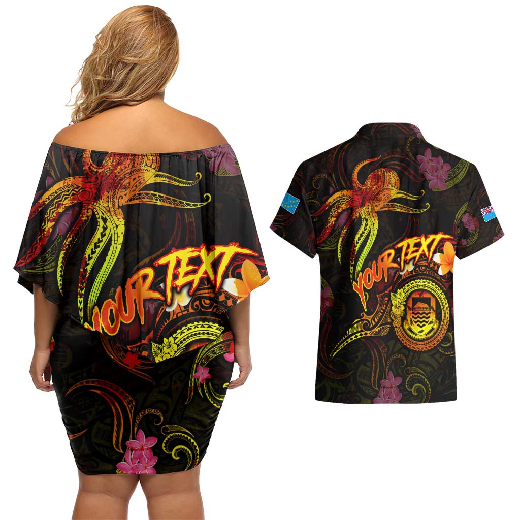Tuvalu Couples Matching Off Shoulder Short Dress and Hawaiian Shirt Octopus Plumeria Polynesian Tattoo