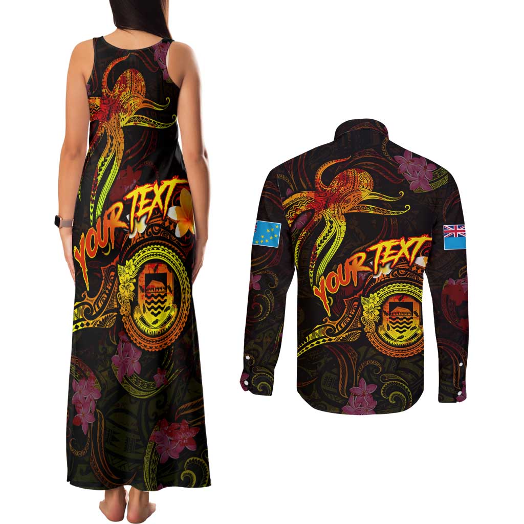 Tuvalu Couples Matching Tank Maxi Dress and Long Sleeve Button Shirt Octopus Plumeria Polynesian Tattoo