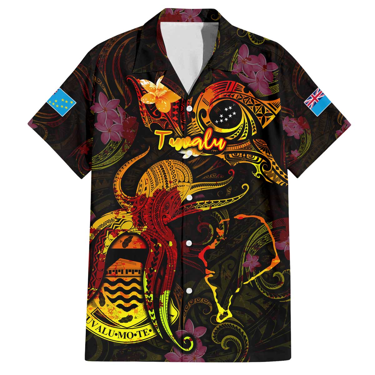 Tuvalu Family Matching Off The Shoulder Long Sleeve Dress and Hawaiian Shirt Octopus Plumeria Polynesian Tattoo