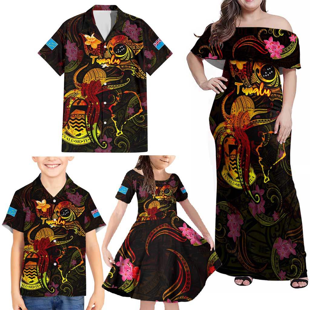 Tuvalu Family Matching Off Shoulder Maxi Dress and Hawaiian Shirt Octopus Plumeria Polynesian Tattoo