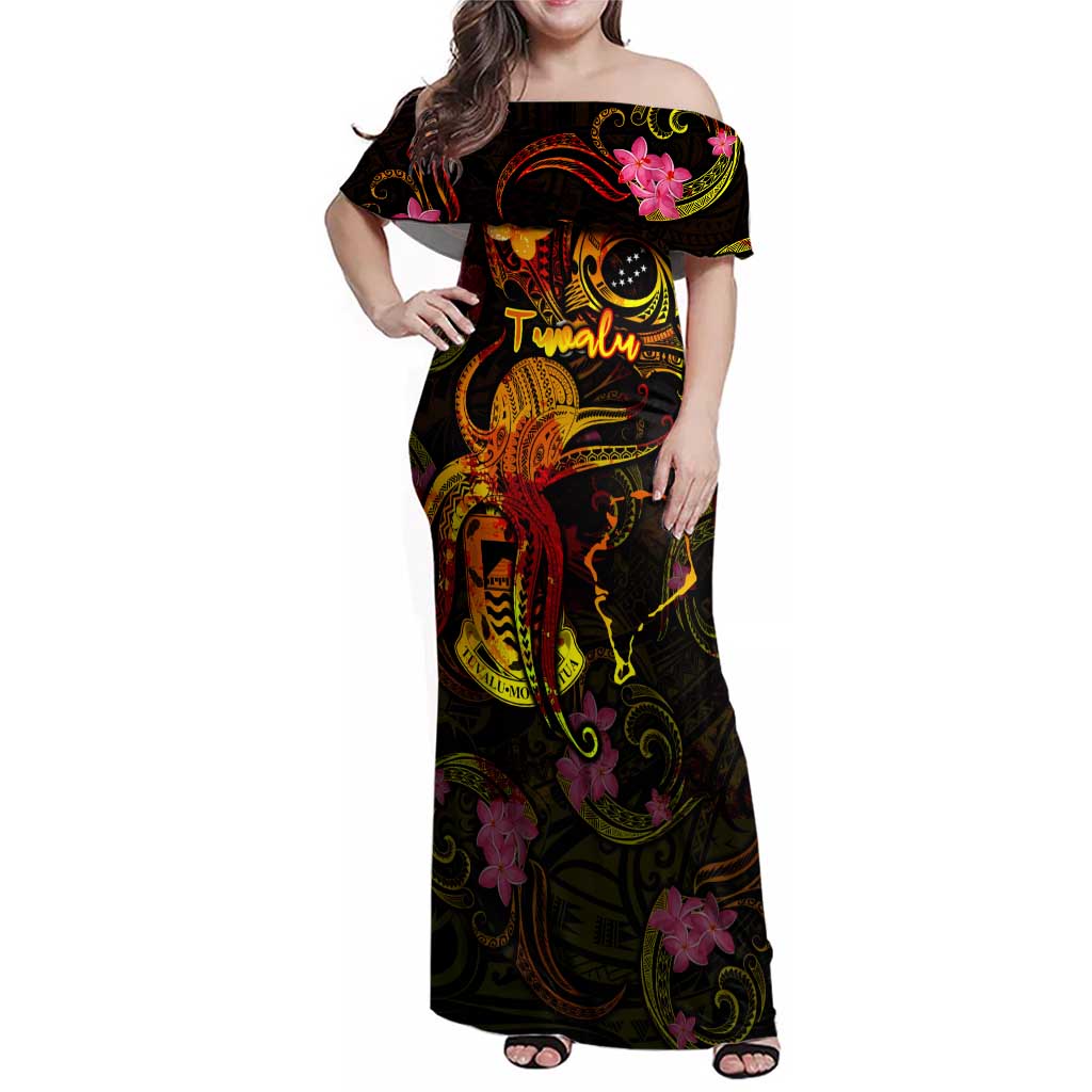 Tuvalu Family Matching Off Shoulder Maxi Dress and Hawaiian Shirt Octopus Plumeria Polynesian Tattoo