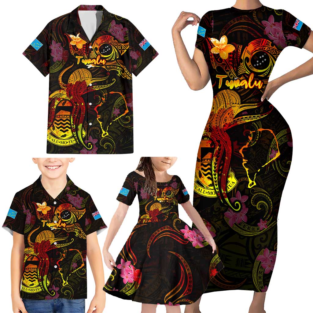 Tuvalu Family Matching Short Sleeve Bodycon Dress and Hawaiian Shirt Octopus Plumeria Polynesian Tattoo