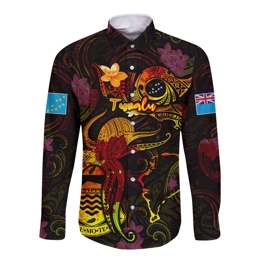 Tuvalu Long Sleeve Button Shirt Octopus Plumeria Polynesian Tattoo