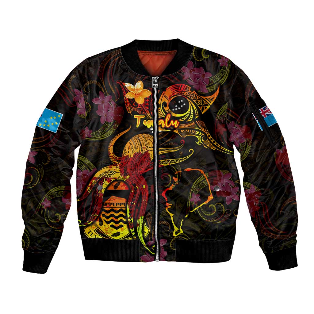 Tuvalu Sleeve Zip Bomber Jacket Octopus Plumeria Polynesian Tattoo