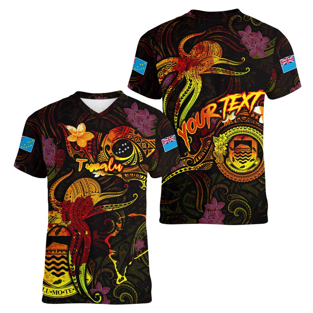 Tuvalu Women V-Neck T-Shirt Octopus Plumeria Polynesian Tattoo