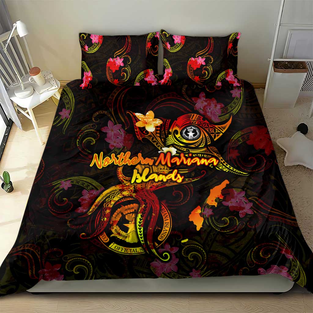 Northern Mariana Islands Bedding Set Octopus Plumeria Polynesian Tattoo