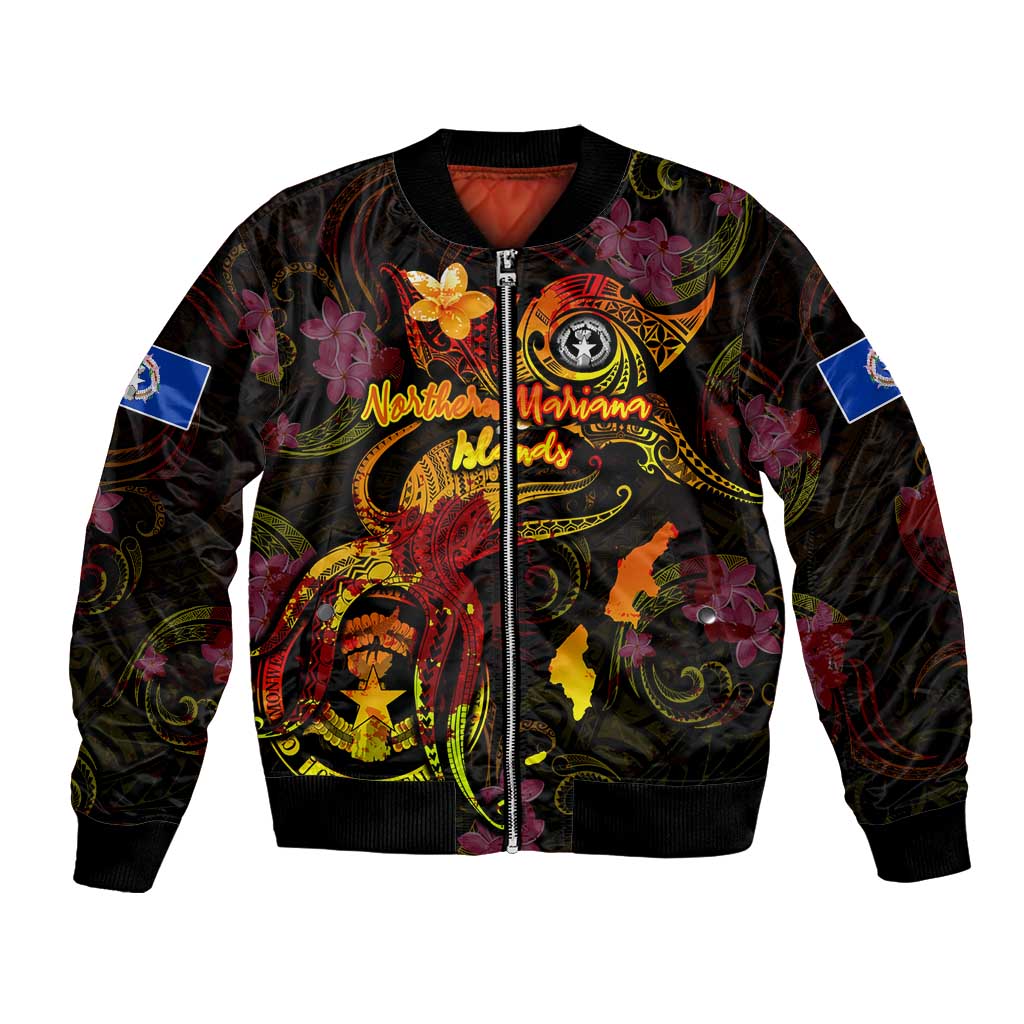 Northern Mariana Islands Bomber Jacket Octopus Plumeria Polynesian Tattoo