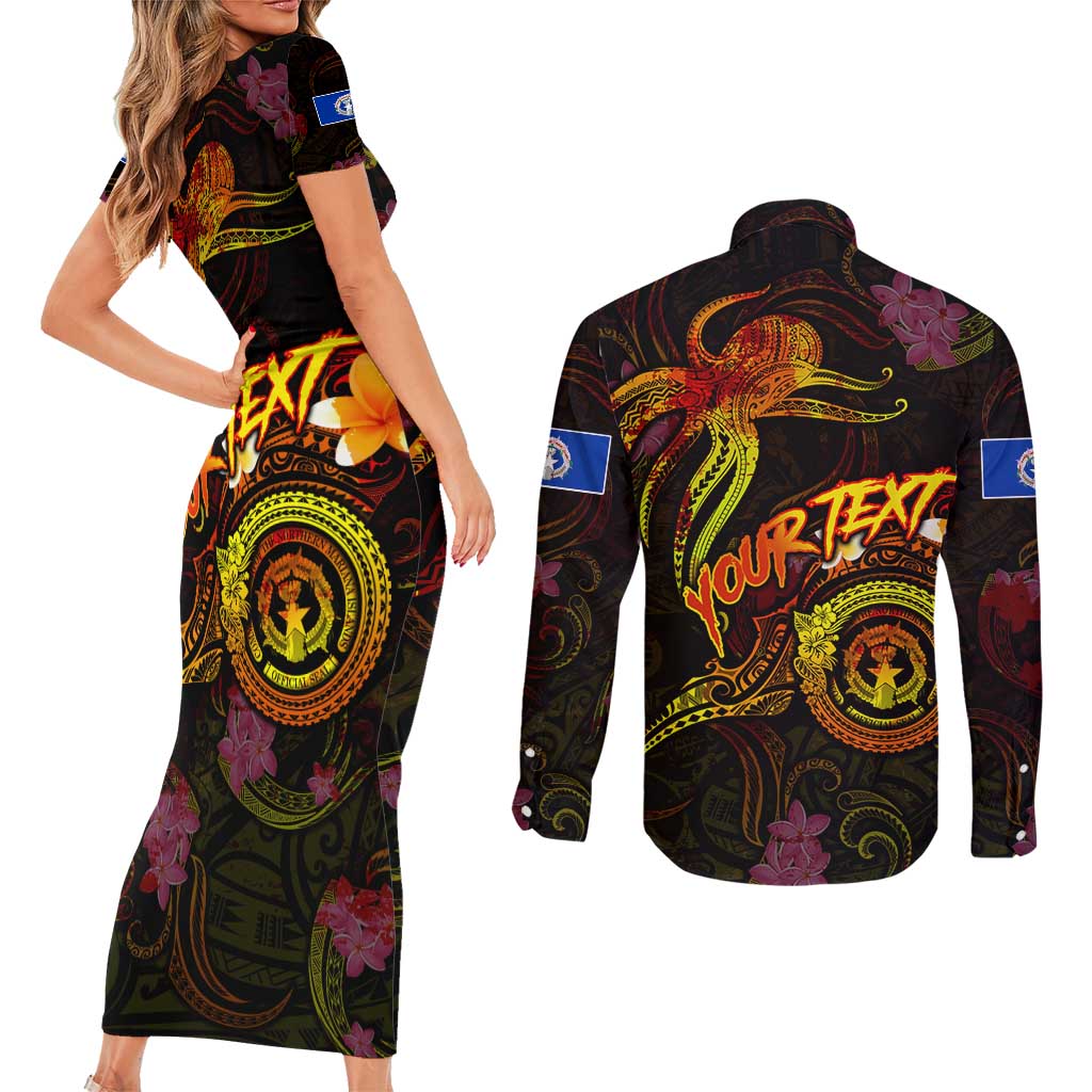 Northern Mariana Islands Couples Matching Short Sleeve Bodycon Dress and Long Sleeve Button Shirt Octopus Plumeria Polynesian Tattoo