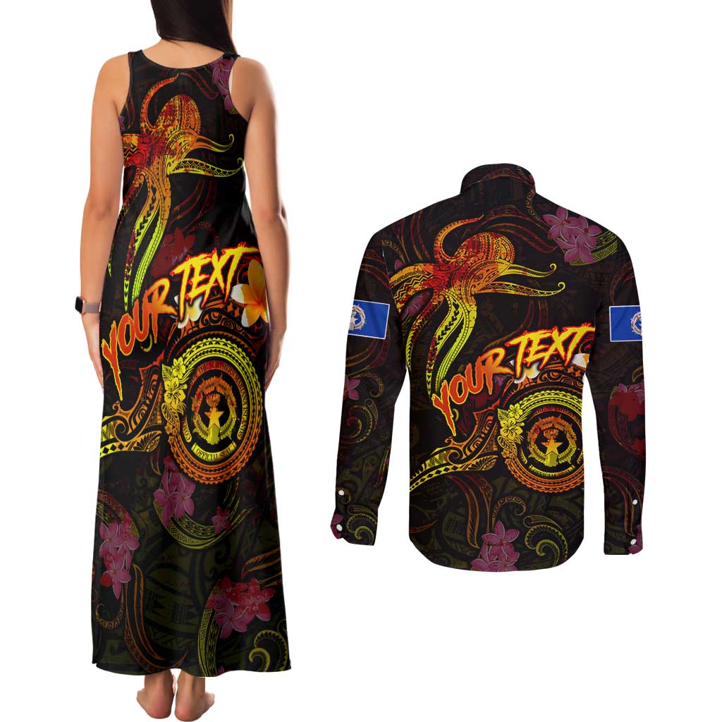 Northern Mariana Islands Couples Matching Tank Maxi Dress and Long Sleeve Button Shirt Octopus Plumeria Polynesian Tattoo