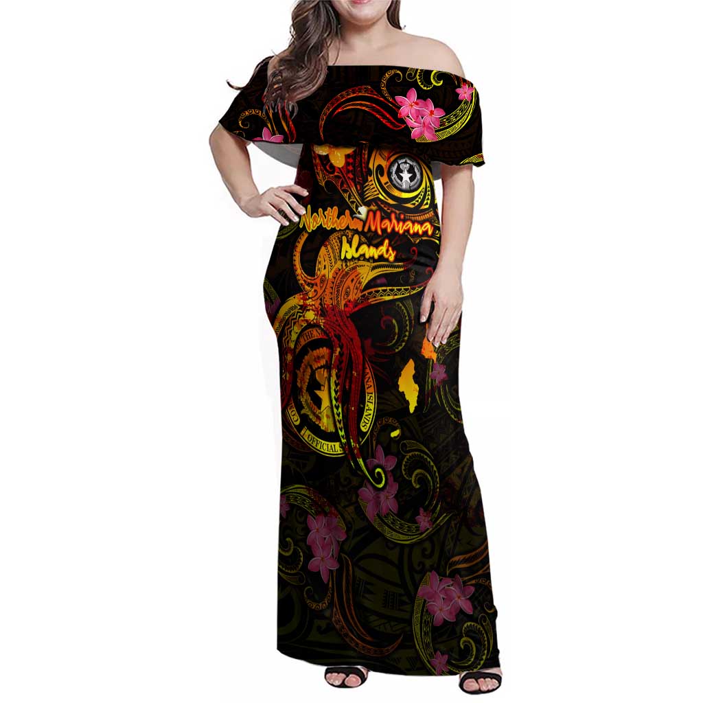 Northern Mariana Islands Family Matching Off Shoulder Maxi Dress and Hawaiian Shirt Octopus Plumeria Polynesian Tattoo