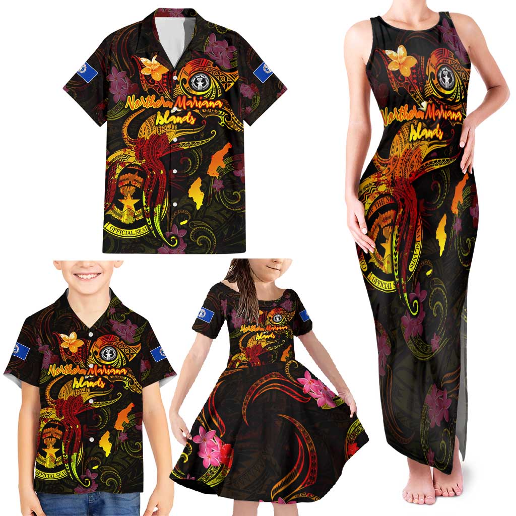 Northern Mariana Islands Family Matching Tank Maxi Dress and Hawaiian Shirt Octopus Plumeria Polynesian Tattoo