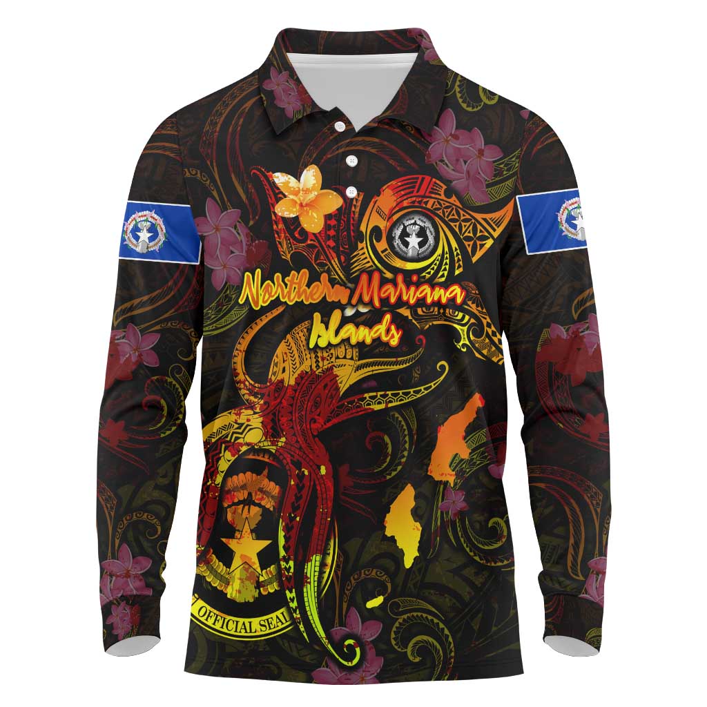 Northern Mariana Islands Long Sleeve Polo Shirt Octopus Plumeria Polynesian Tattoo