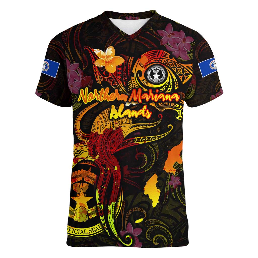 Northern Mariana Islands Women V-Neck T-Shirt Octopus Plumeria Polynesian Tattoo