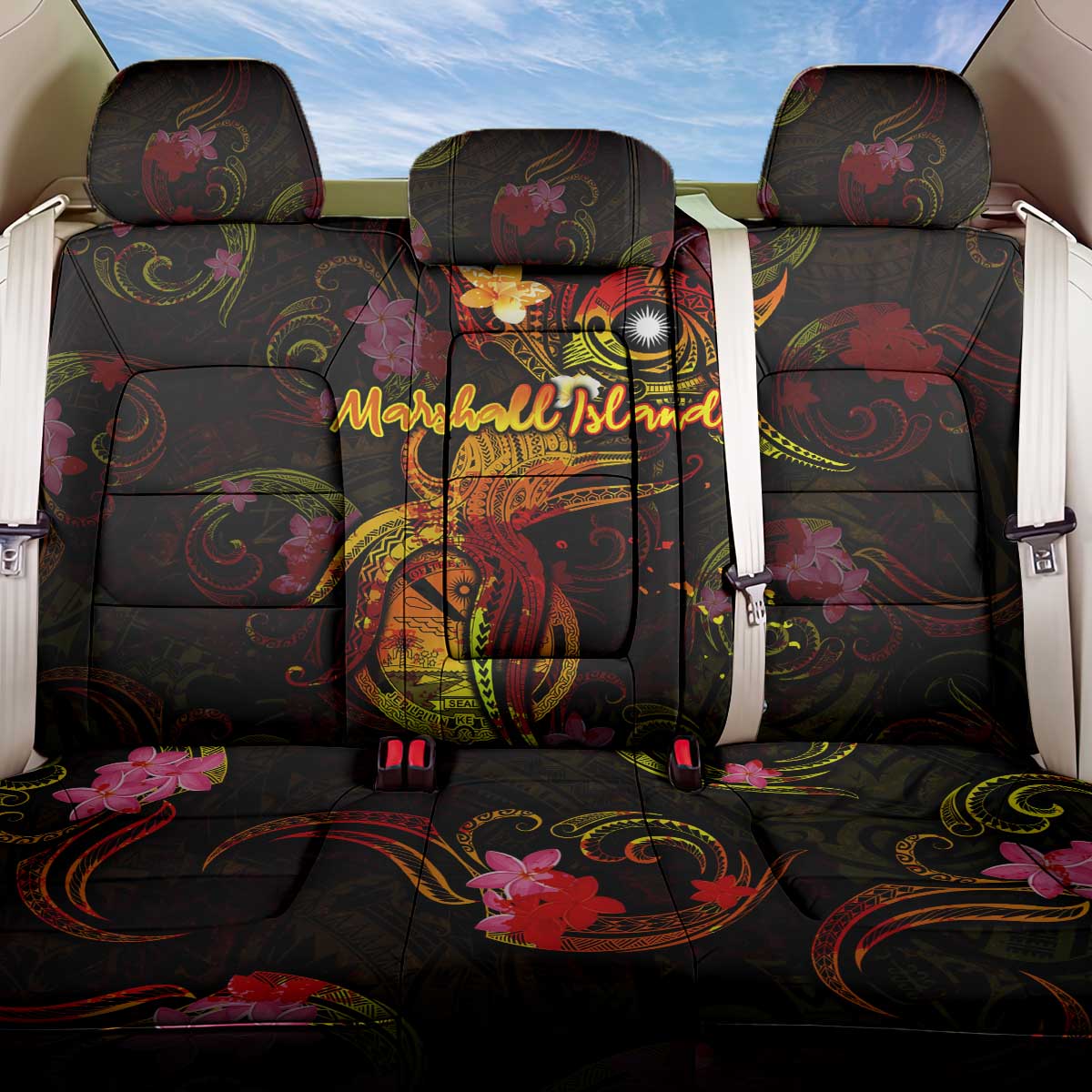 Marshall Islands Back Car Seat Cover Octopus Plumeria Polynesian Tattoo DT02 One Size Black - Polynesian Pride