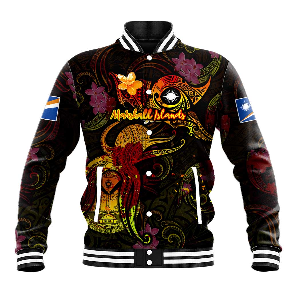 Marshall Islands Baseball Jacket Octopus Plumeria Polynesian Tattoo DT02 Unisex Black - Polynesian Pride