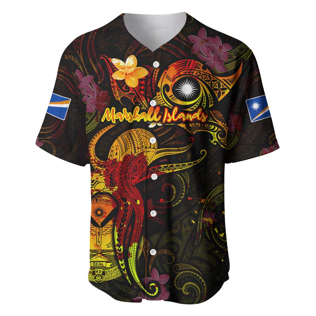 Marshall Islands Baseball Jersey Octopus Plumeria Polynesian Tattoo DT02 Black - Polynesian Pride